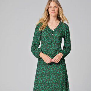 J Jill Dress Womens Small Green Leopard Lightweight Ponte Knit Midi Long Sleeve
